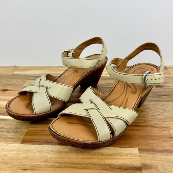 Born Shoes - Born Sandals Women's Size 8 M Wedge Heel Cream Leather Criss Cross Ankle‎ Strap